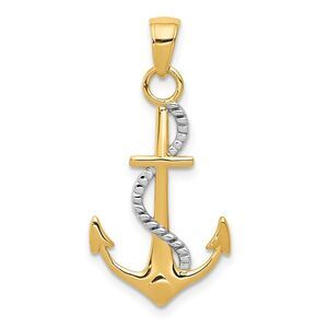 14k Two Tone Gold Anchor with Rope Pendant, 16 x 32mm